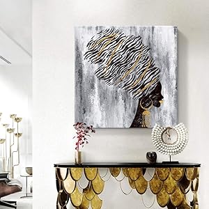 amatop Large Framed African American Wall Art Fashion Women Portrait Gold and Black Canvas Print for Living Room Bedroom Girl Room Decor 32x32inch