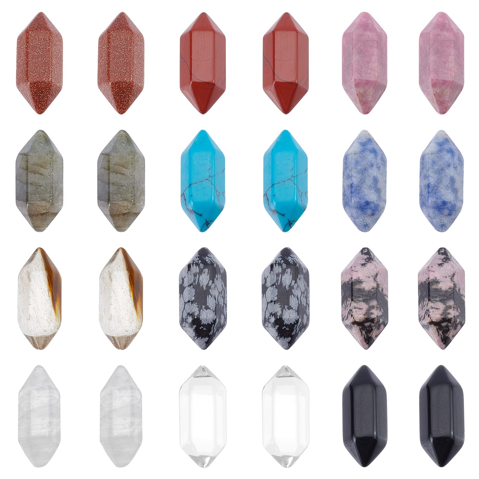 NBEADS 24 Pcs 12 Styles Double Pointed Gemstone Beads, Undrilled Faceted Reiki Chakra Stones Natural and Synthetic Gemstone Pointed Beads for Wire Wrapped Pendants Making