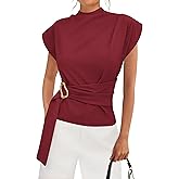PRETTYGARDEN Women Blouses Spring Dressy Cap Sleeve Mock Neck Work Shirts Buckle Tunic Summer Business Casual Tops 2026