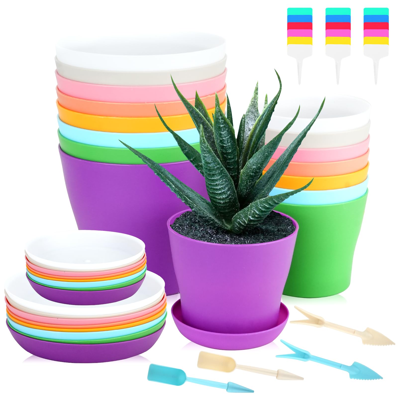 RETON 38Pcs Colorful Plastic Plant Pots Set, Including 16Pcs 10/14 cm Indoor Plant Flower Pot with Tray, Plastic Plant Pots with 18 Plant Labels 4 Transplanting Tools (8 Colors)