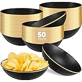 Newtay 50 Pcs 12 oz Black Plastic Bowls Bulk Disposable Bowls with Gold Rim Plastic Serving Tableware Birthday Party Supplies for Wedding Chips Salad Dessert Ice Cream Candy Plates Catering