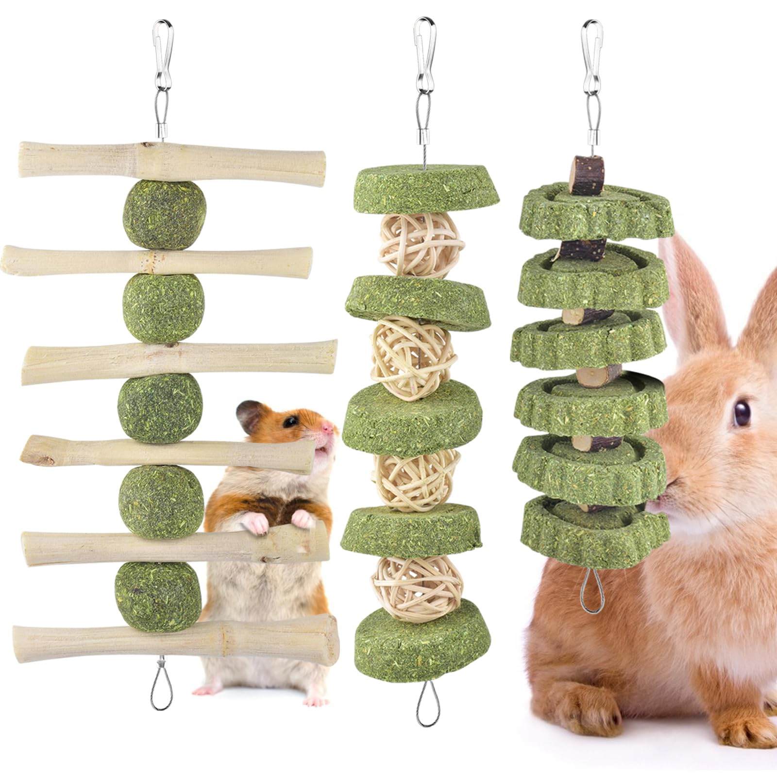 ERKOON 3 Pcs Rabbit Chew Toys, Boredom Breakers Treats for Bunny, Guinea Pigs, Rabbits, Chinchillas & Hamsters Enrichment Toys – Small Animals Cage Hanging Accessories for Teeth Grinding