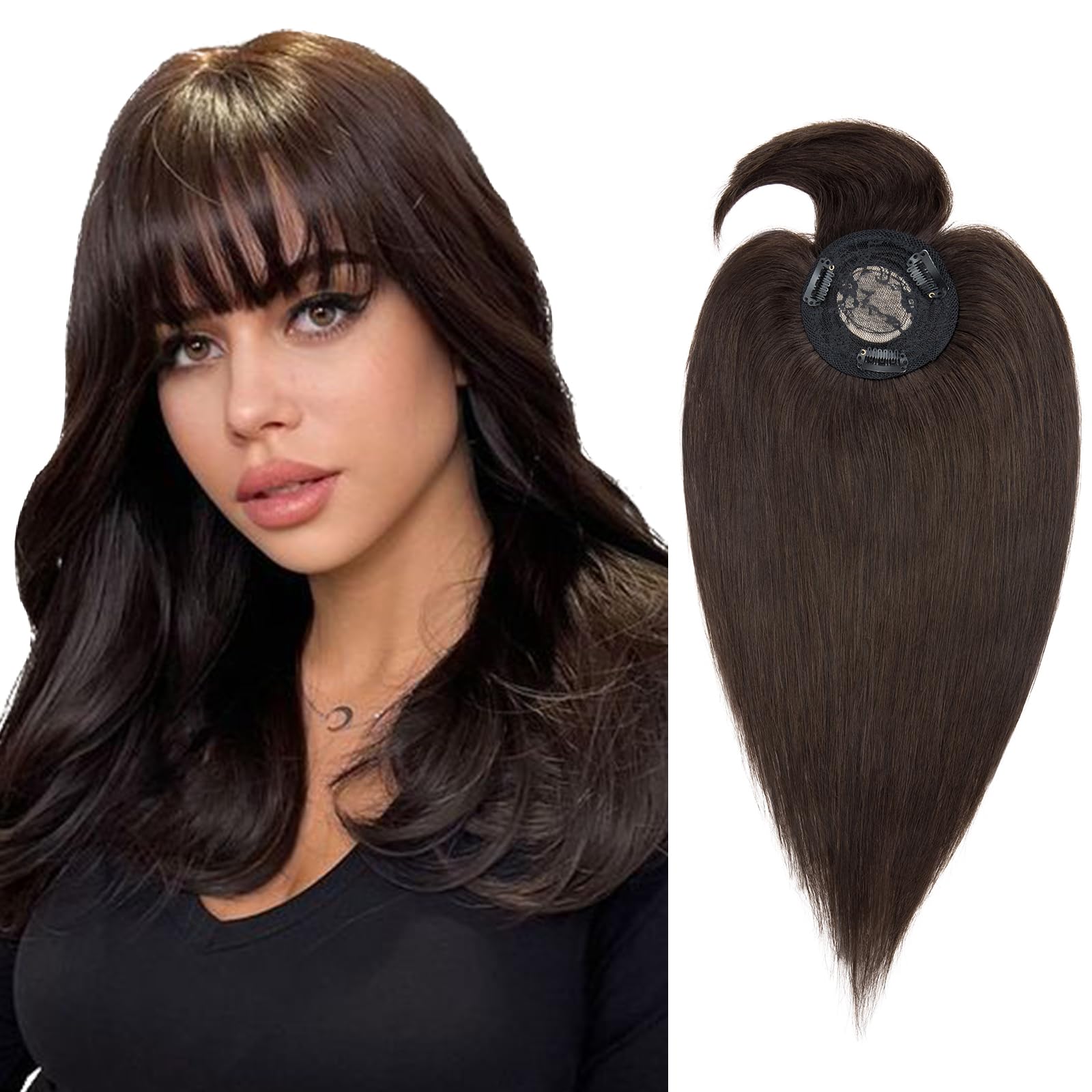 Silk-co 12 Inch Dark Brown Human Hair Topper with Fringe, 150% Density, 8.5cm x 8.5cm Base, Clip-in Hair Extensions