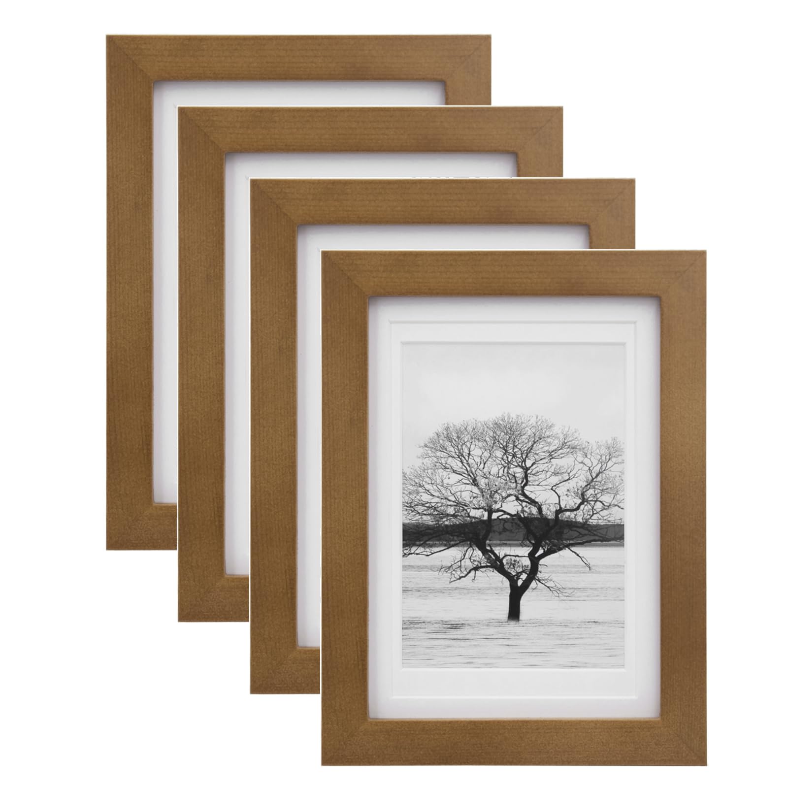 EGOFINE 7x5 Picture Frames Set of 4, Made of Solid Wood Matted for 4x6, Solid Wood Picture Frames for Tabletop and Wall Mounting, Light Brown