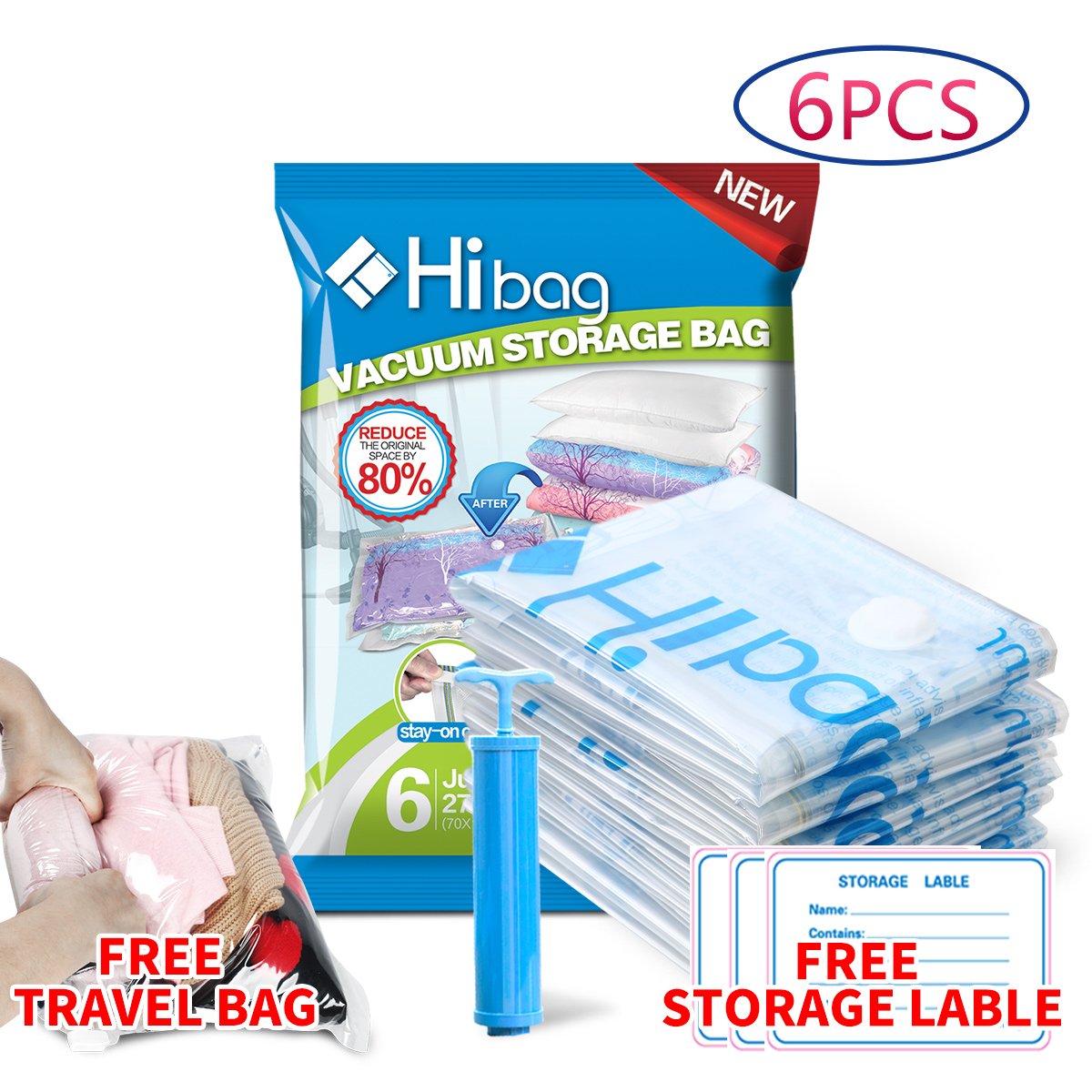 Hibag Space Saver Bags, Pack of 6 Vacuum Compression Bags (Jumbo Size