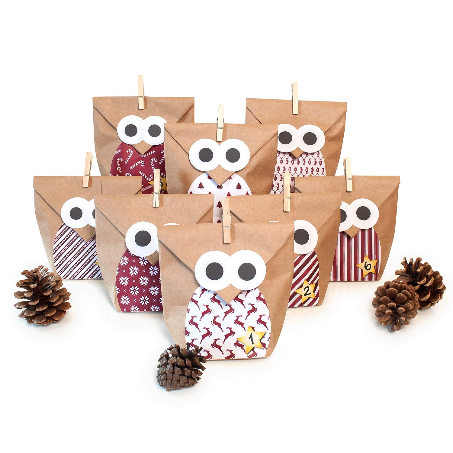 pajoma Advent Calendar for Filling Owl Red | 24 Kraft Paper Bags with Stickers & Clips - DIY Christmas Calendar Craft Set - Gift Bags Christmas to Fill Yourself — image 1
