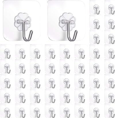 VEGCOO 30Pcs Heavy Duty Wall Hooks 22lb Transparent Adhesive No Drill Kitchen