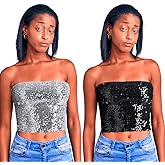 2 Pcs Womens Sparkly Sequin Mermaid Crop Tops Strapless Metallic Tube Tops for Cosplay Party Clubwear