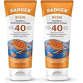 Badger Kids Mineral Sunscreen Cream SPF 40, 98% Organic Ingredients, Zinc Oxide Sunscreen for Kids Face & Body, Water Resistant, Reef Friendly, Hawaii Approved Sunblock, 2.9 fl oz, 2-Pack
