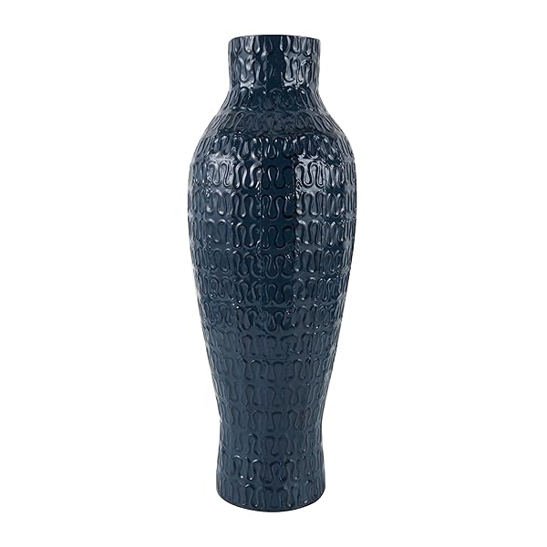DECO 79 METAL DECORATIVE VASE DIMENSIONAL TEXTURED CENTERPIECE VASE WITH WAVY PATTERN, FLOWER VASE FOR HOME DECORATION 9″ X 9″ X 24″, DARK BLUE