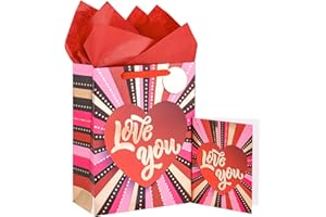 LeZakaa Valentine's Day Gift Bags with Tissue Paper, Gift Tag and Card, 13" Red Gift Bag with Heart and Love You Design