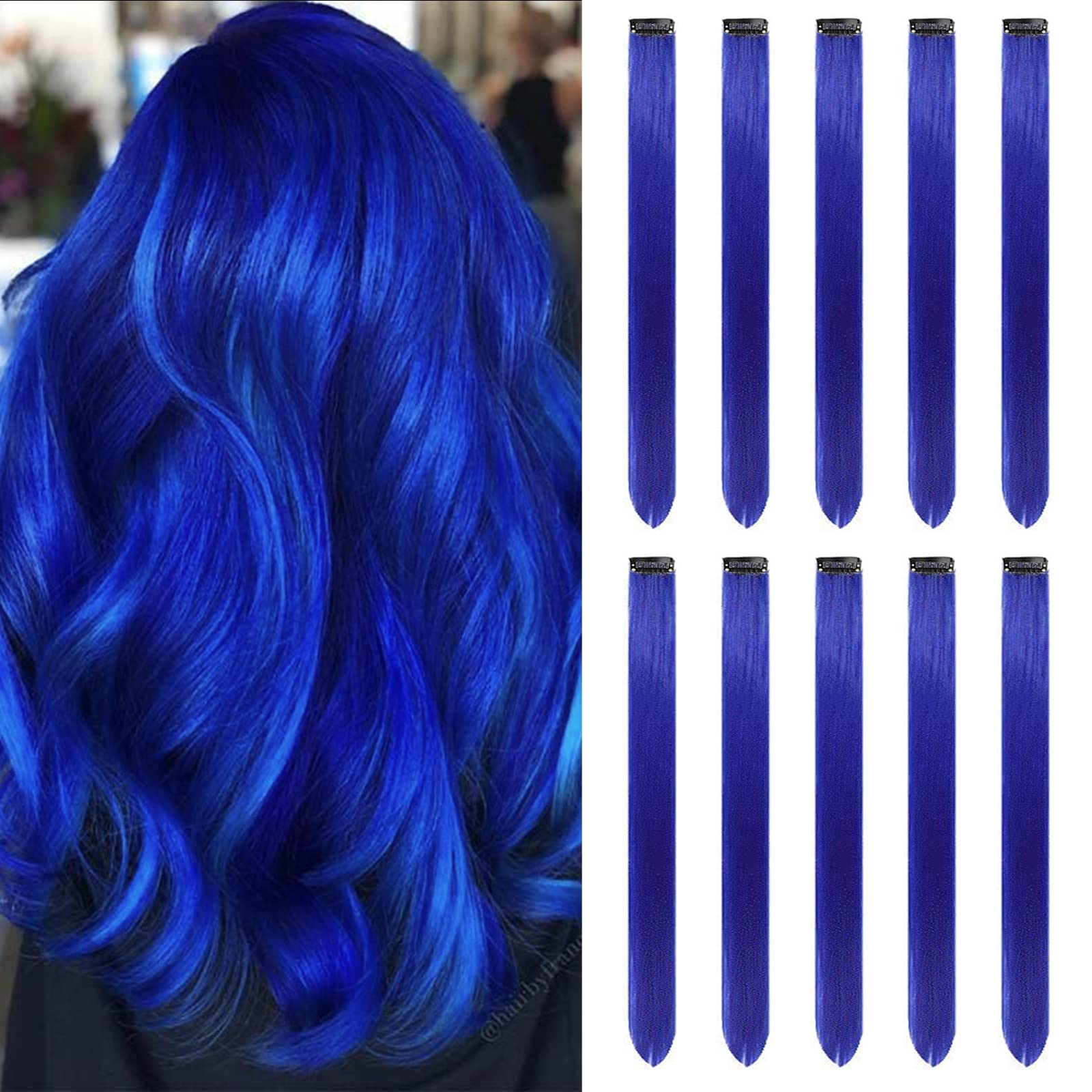 Colored Hair Extensions Clip In for Girls 22 Inch Colorful Straight Hair Extensions for Party Highlights Hair Accessories Hair Pieces for Women（10 PCS Blue）