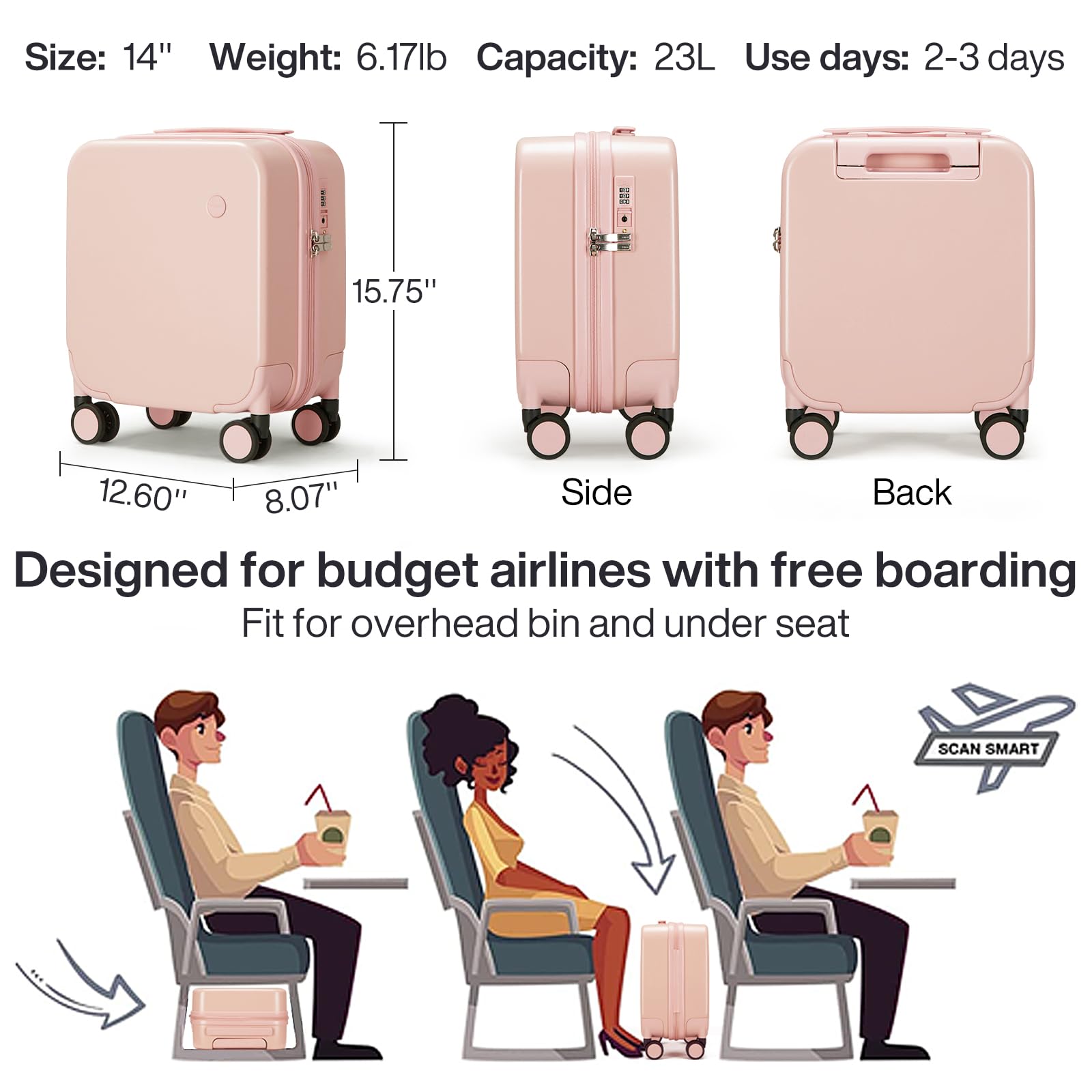 Hanke 14 Inch Underseat Luggage Personal Item Carry on Suitcase, Mixi Spinner Wheels Pink Hardshell Lightweight Rolling Suitcases PC with Cover & TSA Lock for Short Travel