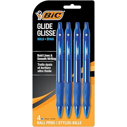 BIC Glide Bold Blue Ballpoint Pens, Bold Point (1.6mm), 4-Count Pack, Retractable Ballpoint Pens With Comfortable Full Grip