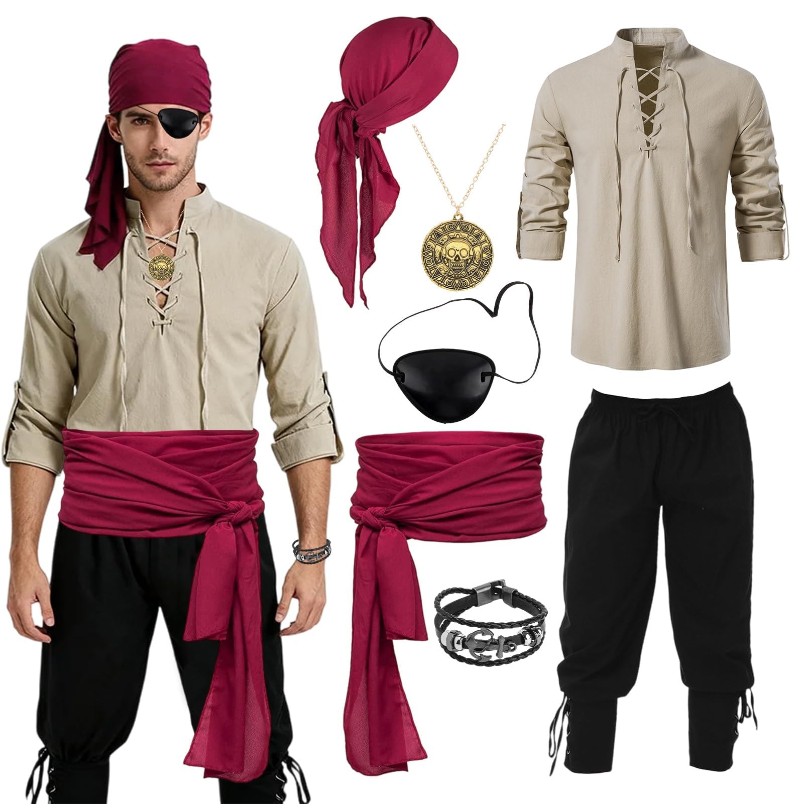 Formemory Pirate Costume Men Adult Set, Pirate Costume with Headscarf Sash Necklace Bracelet Eye Patch for Halloween Cosplay Party Fancy Dress Men