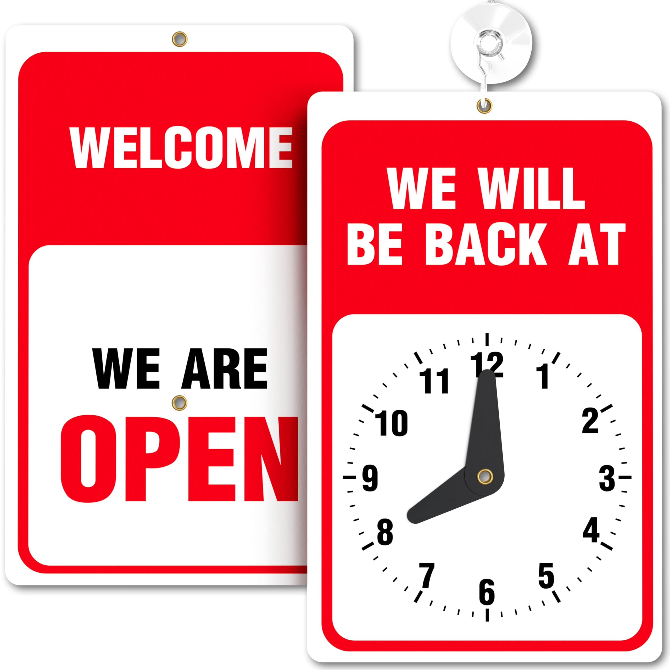 Will Return Clock Sign 23cm x 14cm Bright Red and White Colours with Suction Cup Ideal for Shop, Retail, Office Door or Window