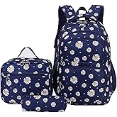 goldwheat Daisy Printed Backpacks With Lunch Pack Pencil Case 3pcs, Lightweight Waterproof Bookbag For Middle School