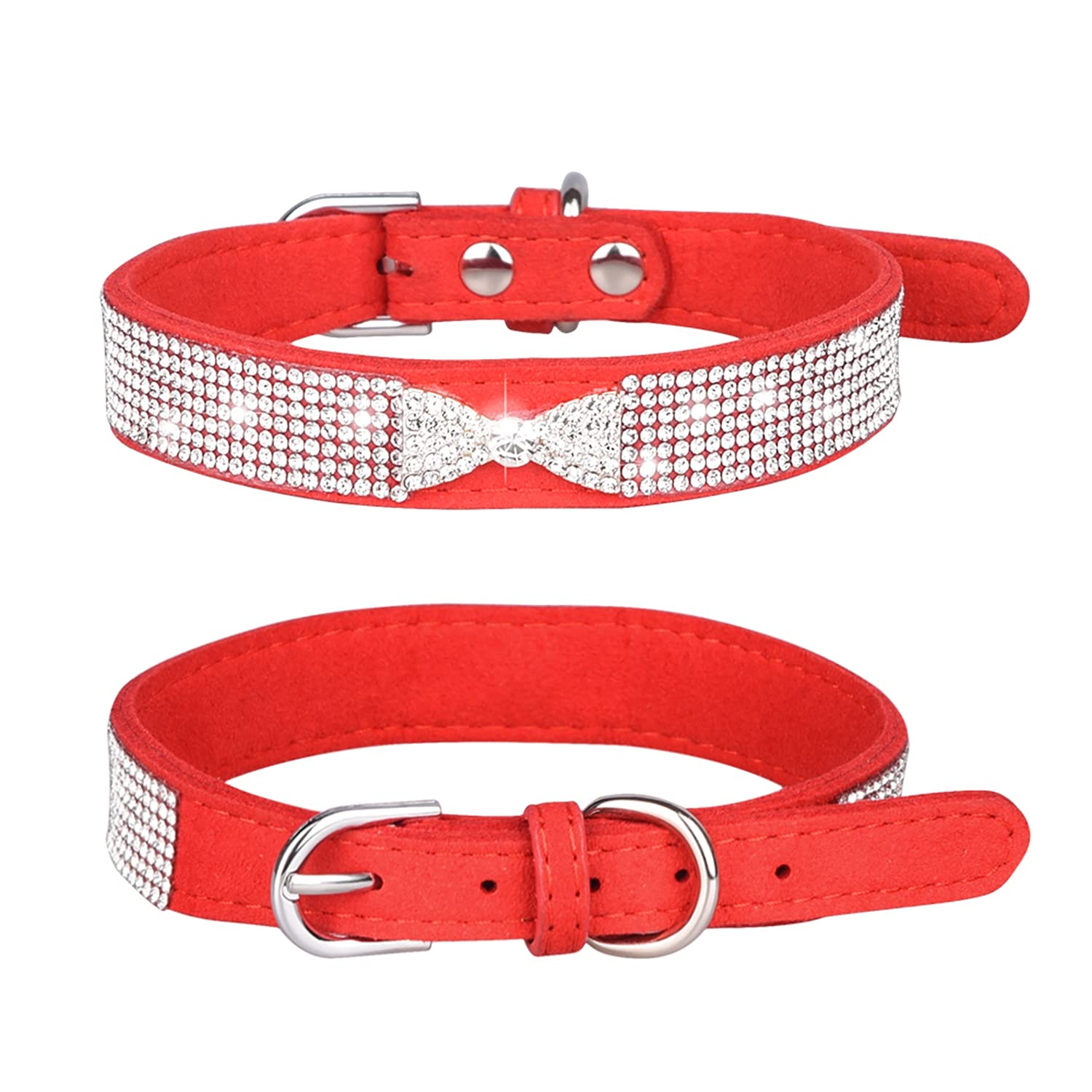 Haoyueer Rhinestone Dog Collar, Cute Dazzling Sparkling Soft Suede Leather Dog Cat Rhinestone Collar Crystal Diamond Pet Dog Puppy Collar (L, Red-3)