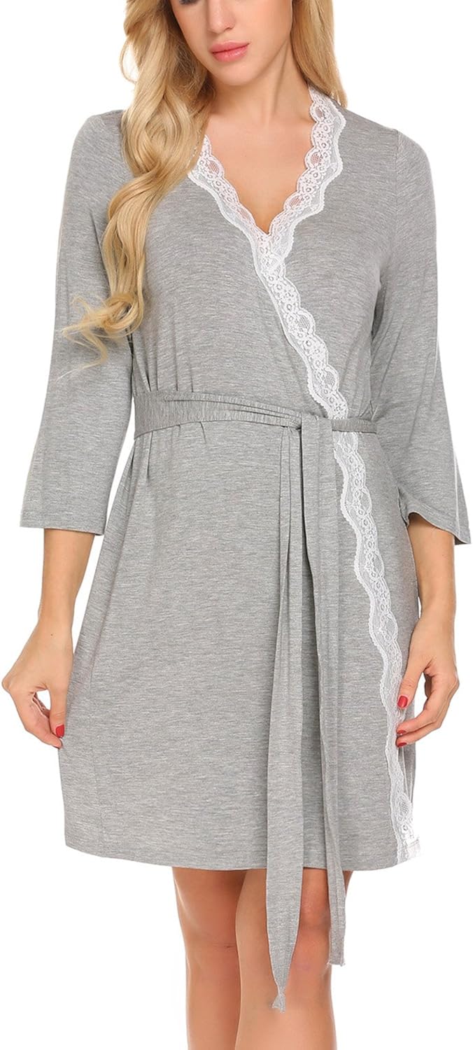 Zouvo Bathrobes Women's Long Sleeve VNeck Robes Lace Trim