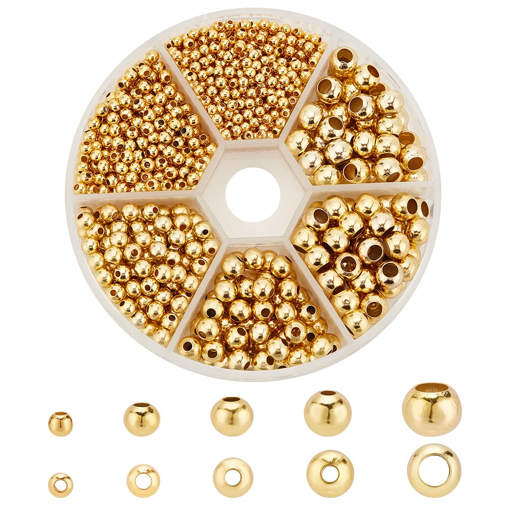 PH PandaHall 1430 pcs Golden Round Brass Beads, Rondelle Spacer Beads with Large Hole Craft Bead Jewellery Making Bead for DIY Bracelets Necklaces Earrings Jewellery Making, 2.4/3/4/5/6mm