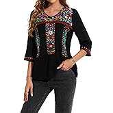 MINTLIMIT Women's 3/4 Sleeve Mexican Shirts Embroidered Tops Floral Boho Peasant Blouse Ethnic Style Casual Loose Tunics