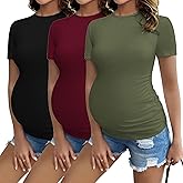 Ekouaer Maternity Shirts Womens 3 Packs Short Sleeve Ribbed Pregnancy Tops Side Ruched Crew Neck Tunic Mama Clothes S-XXL
