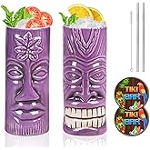 SuproBarware TIKI Mug Set - Set of 2 Ceramic TIKI Mug 15oz/440ml Tropical Style Cocktail Glass Set for Cocktail Lover (Purple Set)