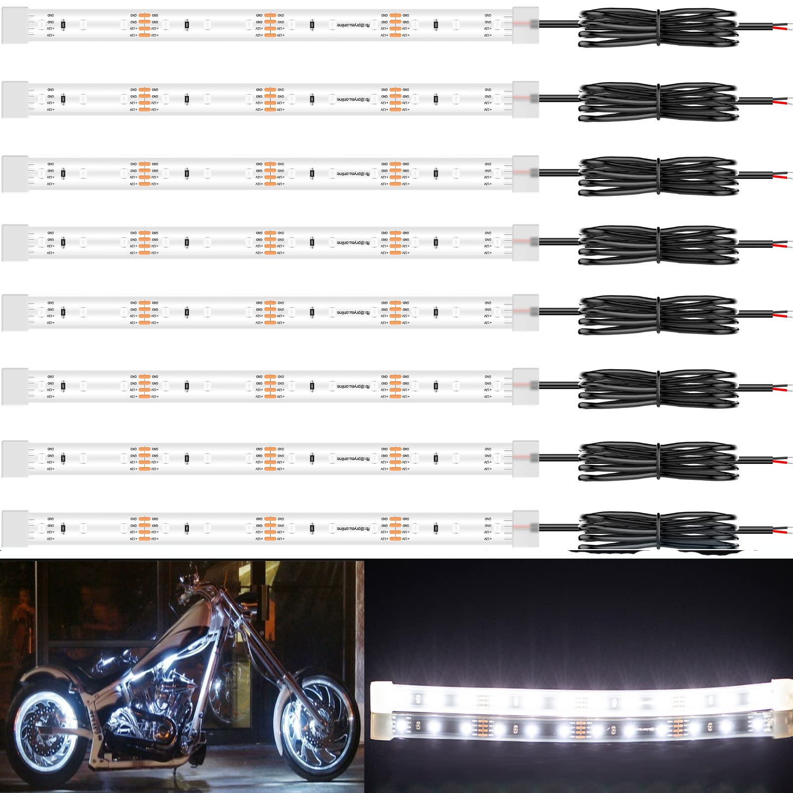 Pryeu 8-Pack 8" Cool White Motorcycle LED Strip Light 12V Waterproof IP68 for Car Truck Trailer Exterior Boats Kayak Sailboat
