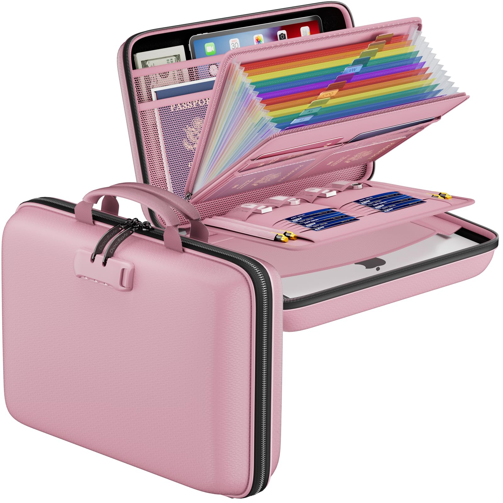DocSafe Fireproof File Organizer with Lock, Hard-Shell Case Fireproof Document Box with 13 Pocket Accordion File Folder, Portable Home Office Travel Safe Storage for Important Documents Laptop Pink Image