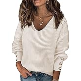 SunnyMelody Womens Dressy V Neck Button Long Sleeve Sweater Fall 2025 Ribbed Knit Pullover Tops - Lightweight, Loose Fit