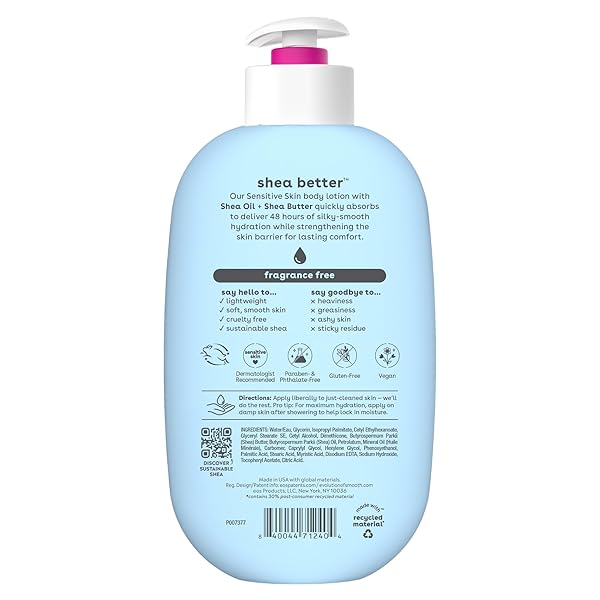 EOS SHEA BETTER SENSITIVE SKIN BODY LOTION, 48-HOUR MOISTURE SKIN CARE, FOR DRY SKIN, FRAGRANCE FREE BODY LOTION, ECZEMA LOTION, VEGAN, 16 FL OZ (PACKAGING MAY VARY)