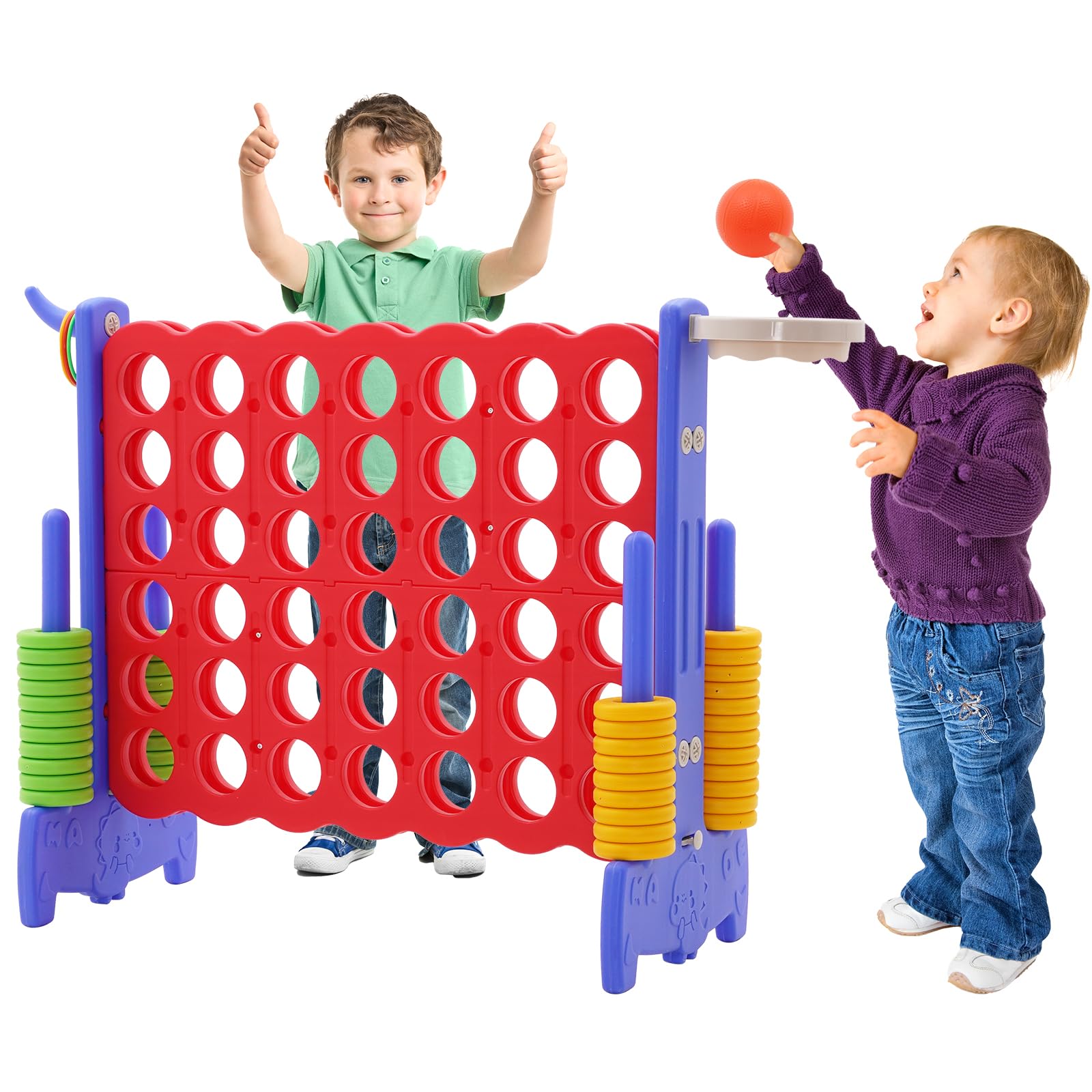 3 In 1 Giant 4 in A Row, Four Connect Board Game Set with Basketball and Rings,42 Jumbo Rings & Quick-Release Slider, Jumbo 4-to-Score Garden Games for Kids Adult Indoor Outdoor (Red)