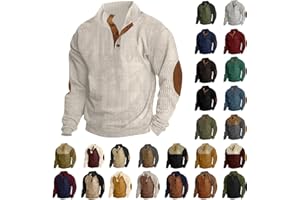 Gcvizuso Mens Corduroy Shirt Lapel Collar Button Up Pullover Casual Long Sleeve Waffle Sweatshirts with Elbow Patches
