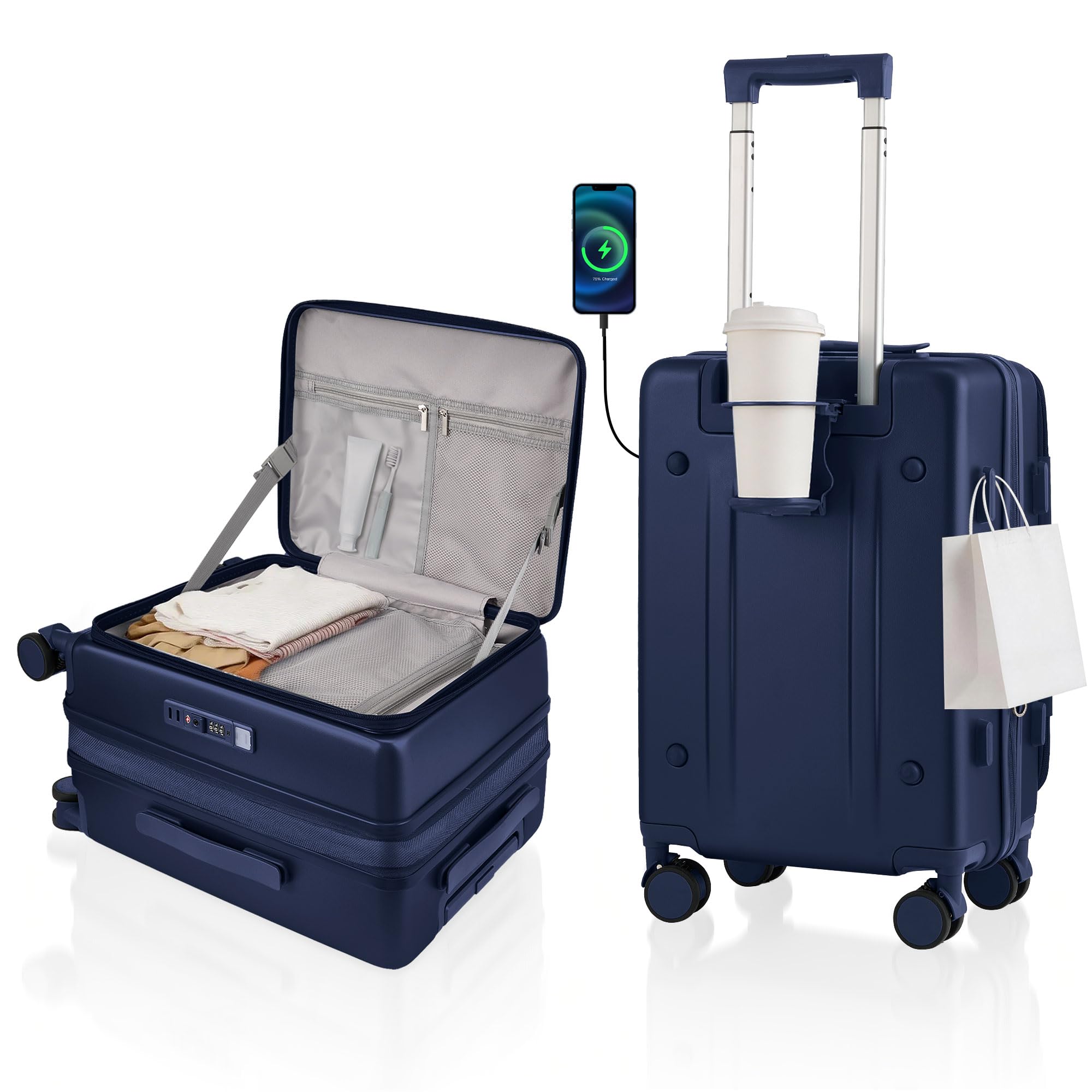 Photo 1 of ISLAND ELEPHANT Expandable 20Inch Carry On Luggage Airline Approved - Top Opening Hardside Travel Suitcase Unbreakable -with Cup Holder,USB Charge,Side Pothook, 360°Spinner Wheels, TSA Lock-Navy Blue