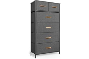 Mifuro Tall Dresser for Bedroom, Vertical Storage Organizer Tower with 6 Drawers, Chest of Drawers with Fabric Bins, Steel Frame, Wood Top for Bedroom, Closet, Entryway- Grey