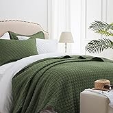 SunStyle Home King Quilt Bedding Set Olive Green, Lightweight Comforter Bedspread Blanket King Size Quilt, Luxury Durable Quilted Stitching Coverlet with 2 Pillow Shams Diamond All Seasons 3pcs