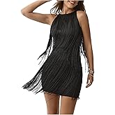 BEAUDRM Women's Boho Fringe Mini Dress Club Party Dresses Sleeveless Tassel Cowgirl Outfits