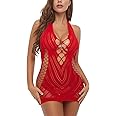 FasiCat Women’s Lingerie Women Fishnet Babydoll Lingerie Dress Chemise Halter Nightwear Mini Teddy Dress DIY Stripper Outfits