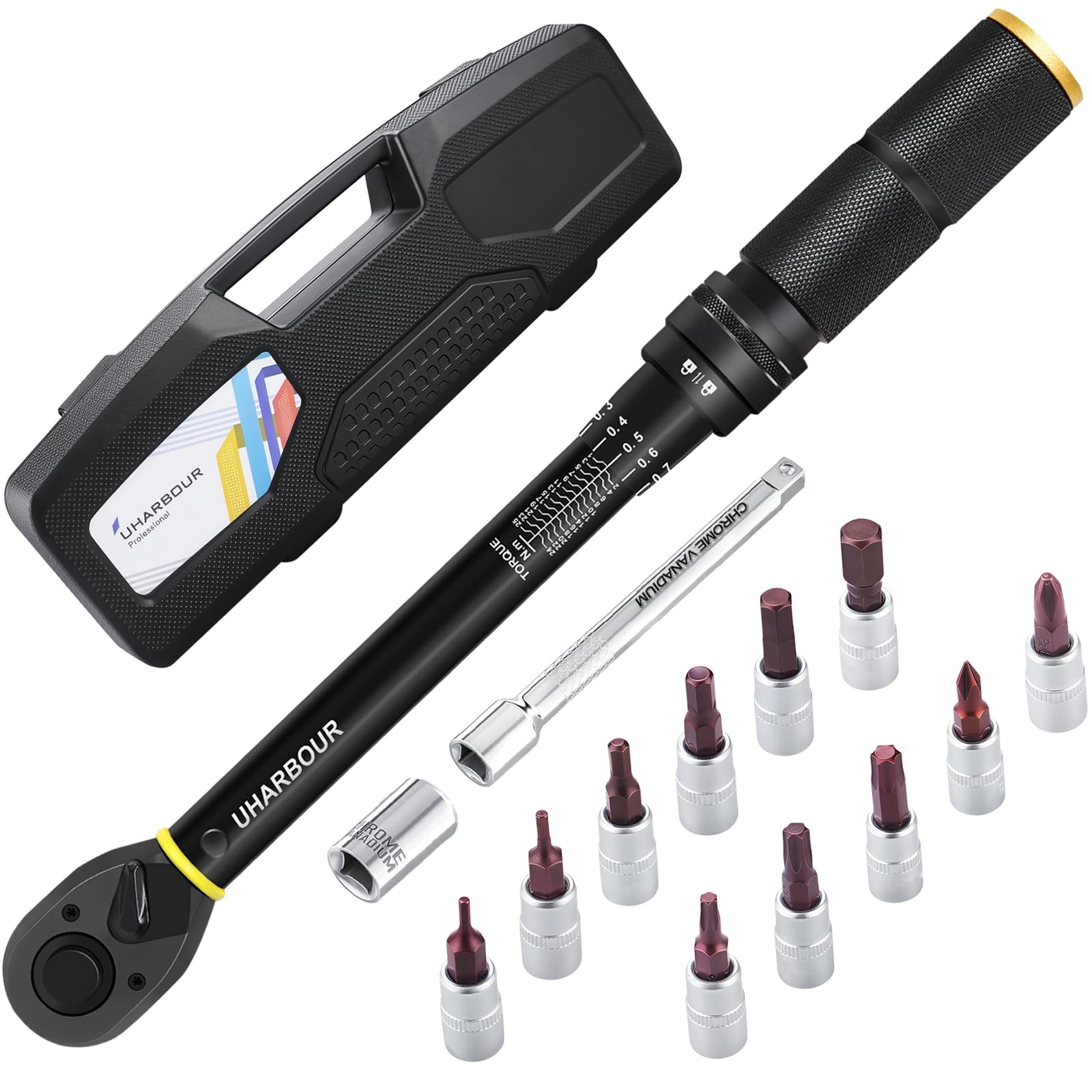 Uharbour Torque Wrench 1/4, Bike Torque Wrench 1-25Nm, Torque Wrench Bicycle Set with Bits and Extension Rod for Bicycle, ±3% Error Accuracy