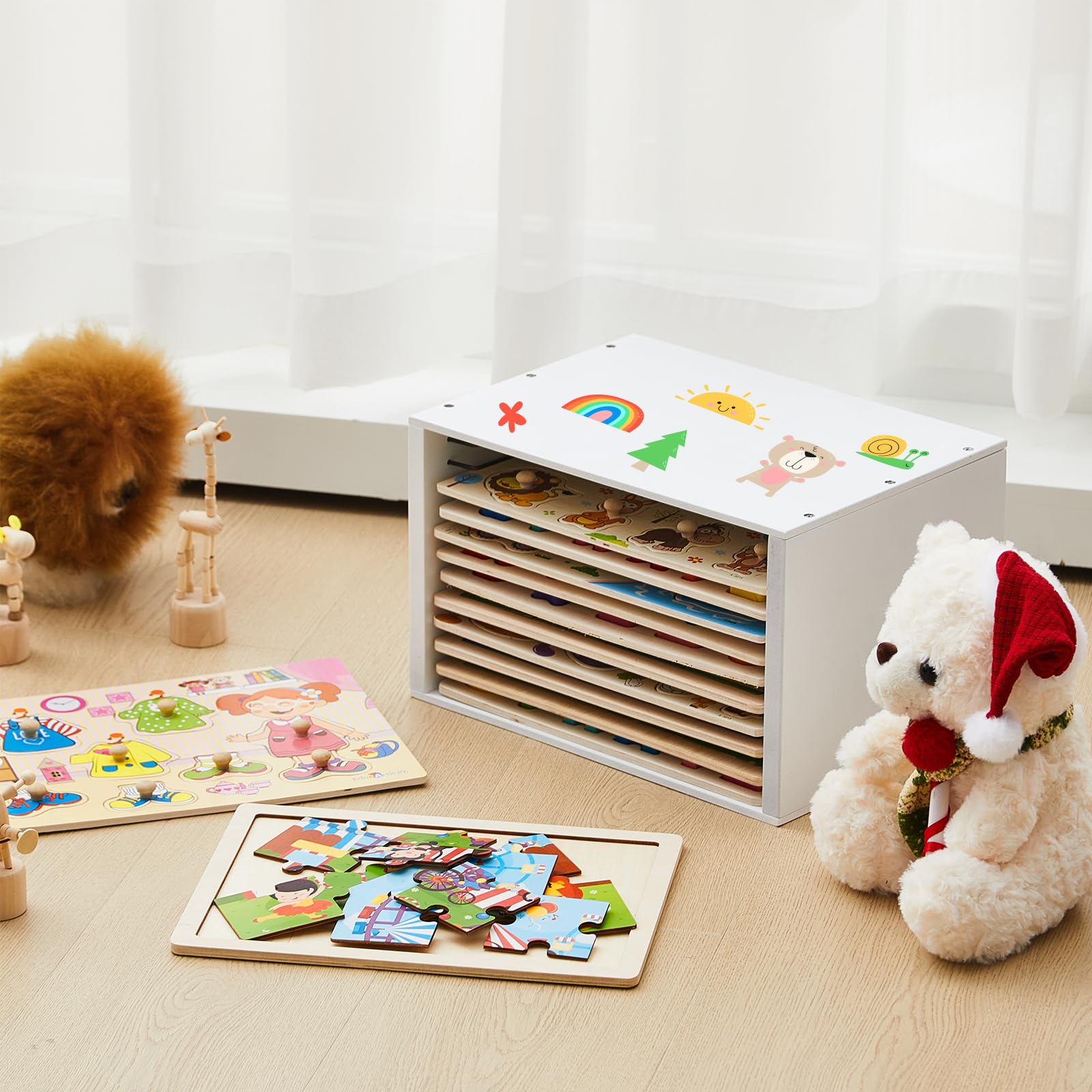 Sintuff Puzzle Holder Rack Wooden Jigsaw Organizer Layered Puzzle Storage Box Shelf Storage Case Holds 12 Puzzles for Craft Collection Lovers Accessories