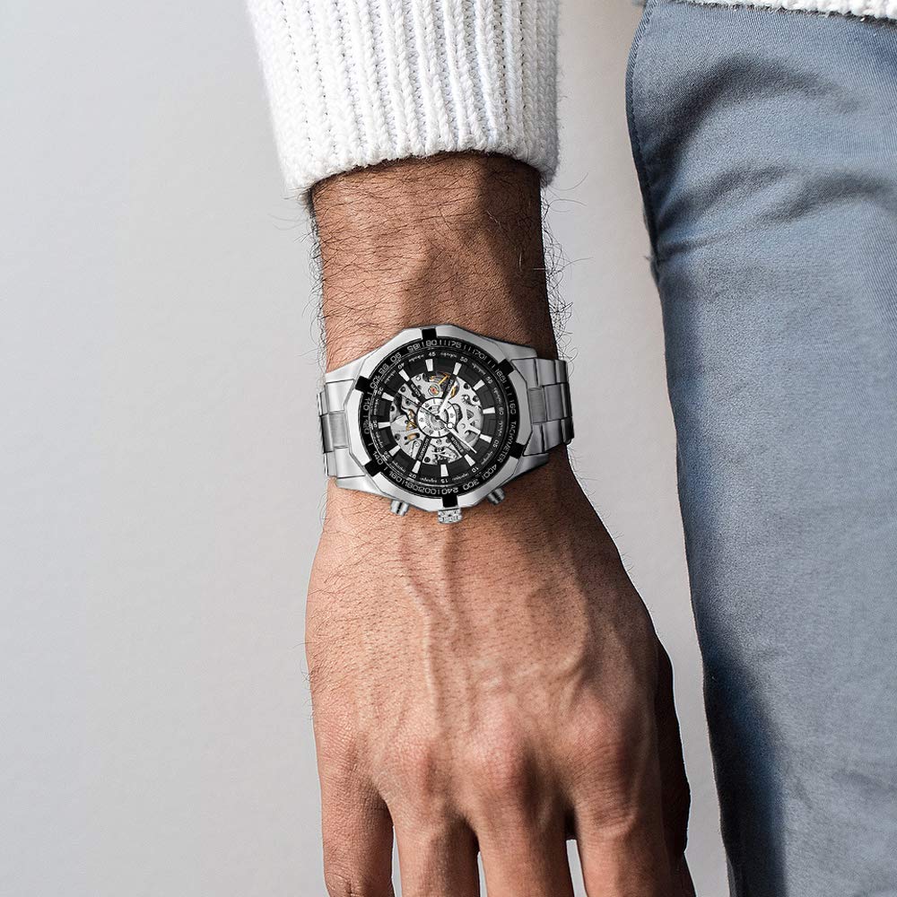 Gute Mens Watches, Mechanical Skeleton Stainless Steel Waterproof Automatic Self-Winding Watch for Men, Luxury X Dial Steampunk Wrist Watch