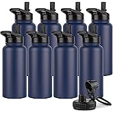 DOMICARE 32 oz Insulated Water Bottle Bulk, Vacuum Insulated Stainless Steel Sports Water Bottle with Straw Lid & Spout Lid, Leakproof, Reusable - Travel, Camping, Bike, Navy Blue (8 Pack)