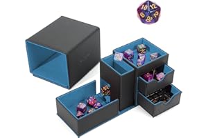 STEPANE Dice Tower &Dice Tray Storage Box, 3 in 1 Dice Holder Case (Rolling Tower, Storage Drawers, Rolling Tray), Leather Magnetic Closure DND Accessories Gifts for RPG MTG, Black/Blue