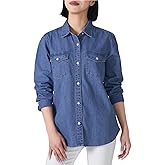 HISEA Women's Denim Button Down Shirt with Long Sleeve, Blue Jean Lightweight Shacket for Women, Womens Washed Chambray Coat
