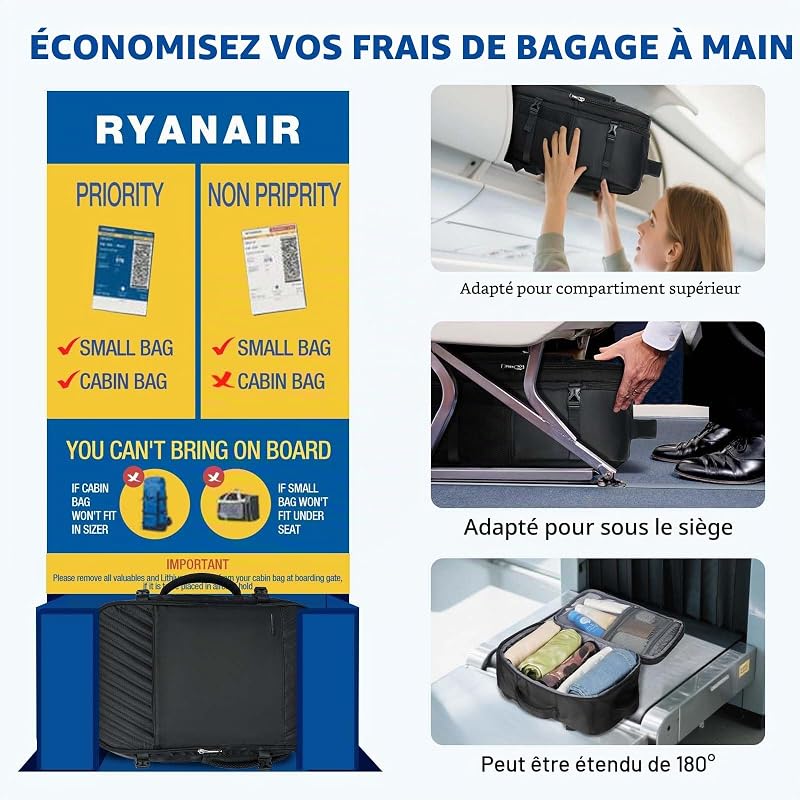 Sac a Dos Voyage Cabine Avion, 20L Sac 40x20x25 Ryanair Bagages Cabine Airbag Travel pour Easyjet Vueling Wizz Air, Sac à Dos Femme Homme pour Travail, Voyage, Weekend-Noir