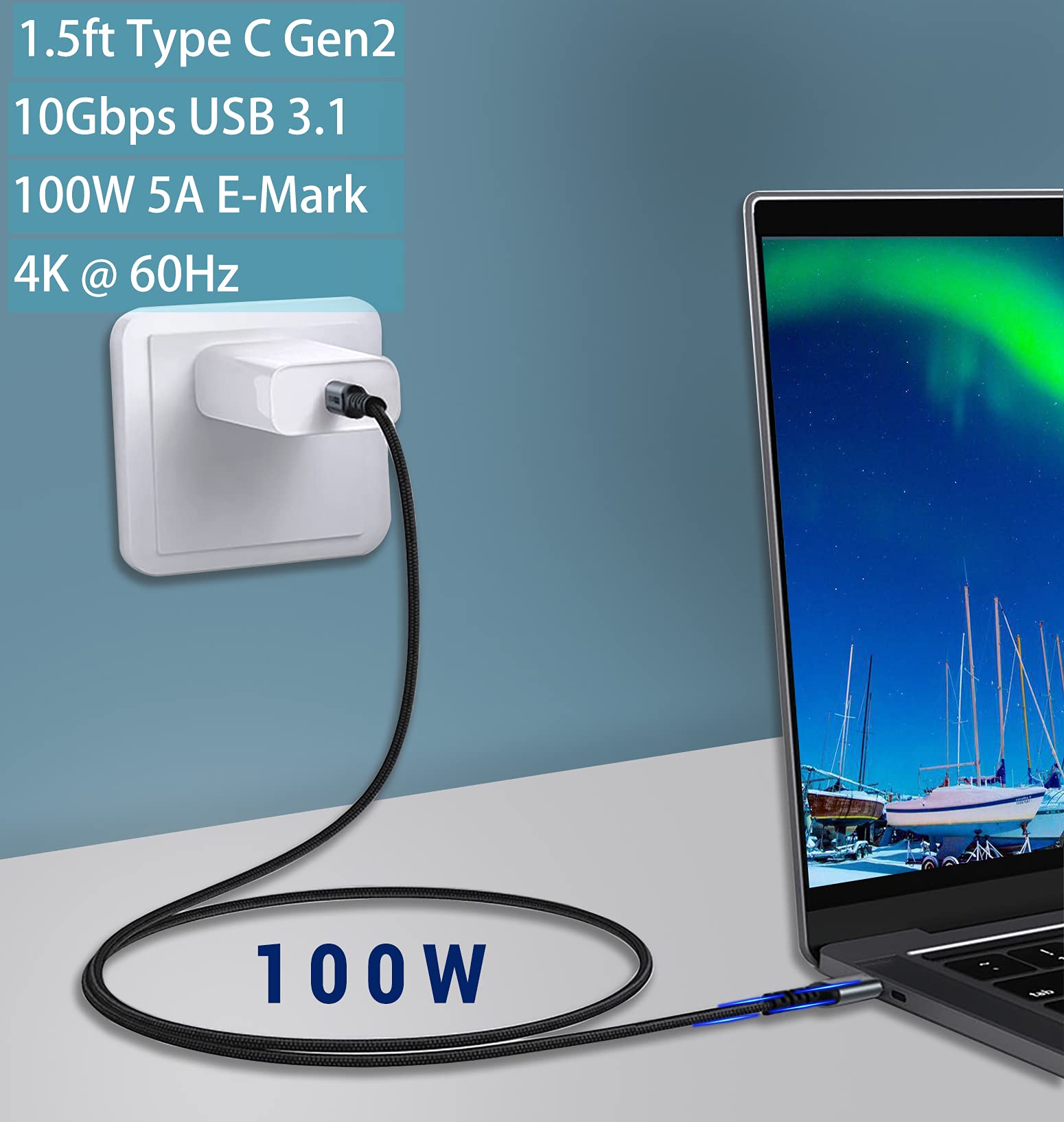 SUMPK USB C auf USB C Kabel kurz 50cm [2Stück], PD 100W 3.1 Gen 2 Schnellladekabel E-Mark Chip SuperSpeed 10Gbps 4K Video Datatransfer für ThinkPad Yoga Samsung Galaxy Note S8 S9 T5 LaCie SSD 2