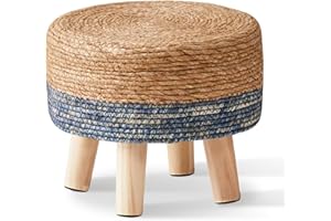 Cpintltr Foot Stool Natural Seagrass Hand Weave Poufs Round Ottoman for Couch Desk Soft Step Stool Padded Foot Rest with Non-Skid Pine Legs for Hallway Office Lounge Natural/Blue