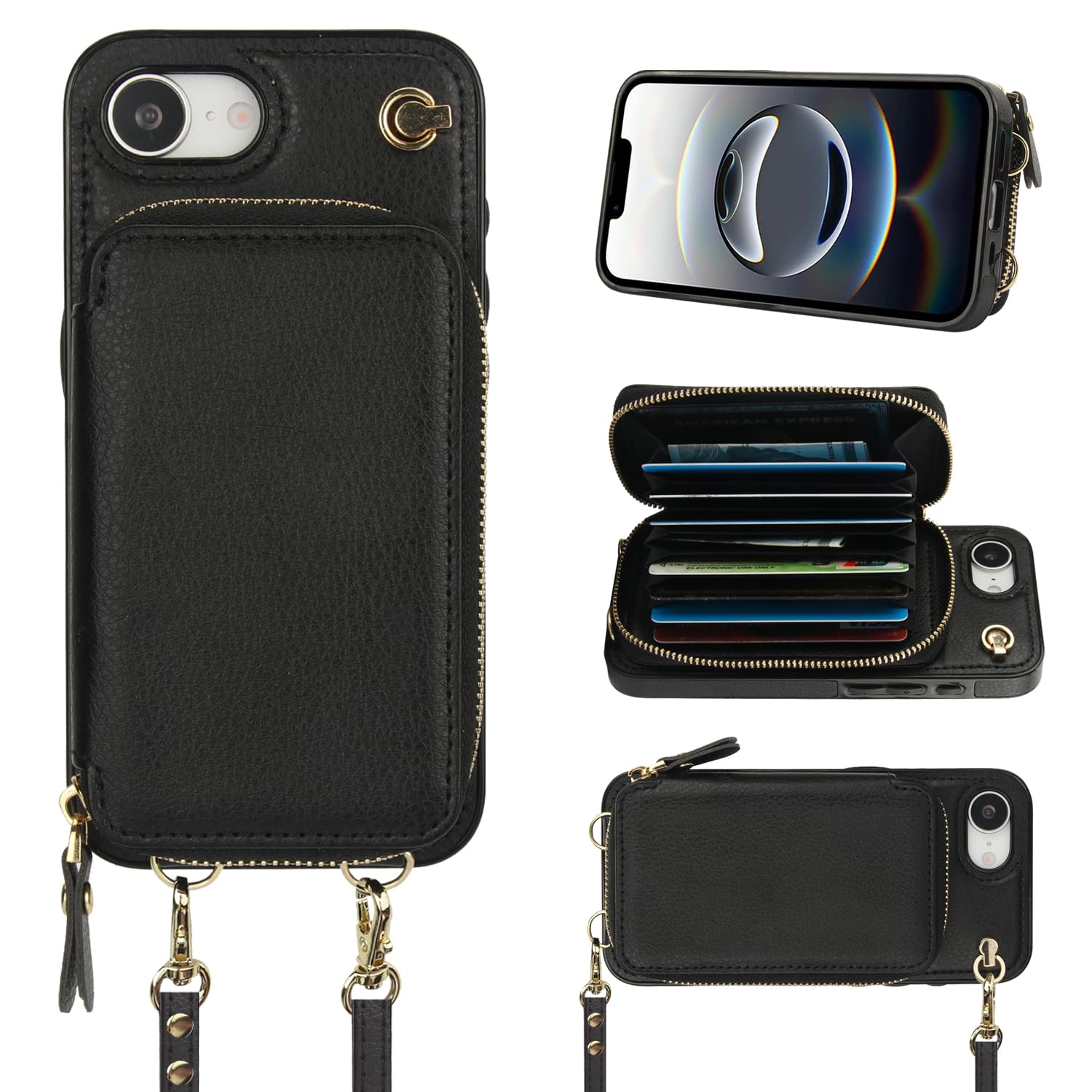 Photo 1 of Bocasal Crossbody Wallet Case for iPhone 16e, RFID Blocking Leather Purse Case with Card Holder, Protective Handbag Flip Cover with Zipper Wrist Strap Lanyard for Women 5G 6.1 Inch (Black)