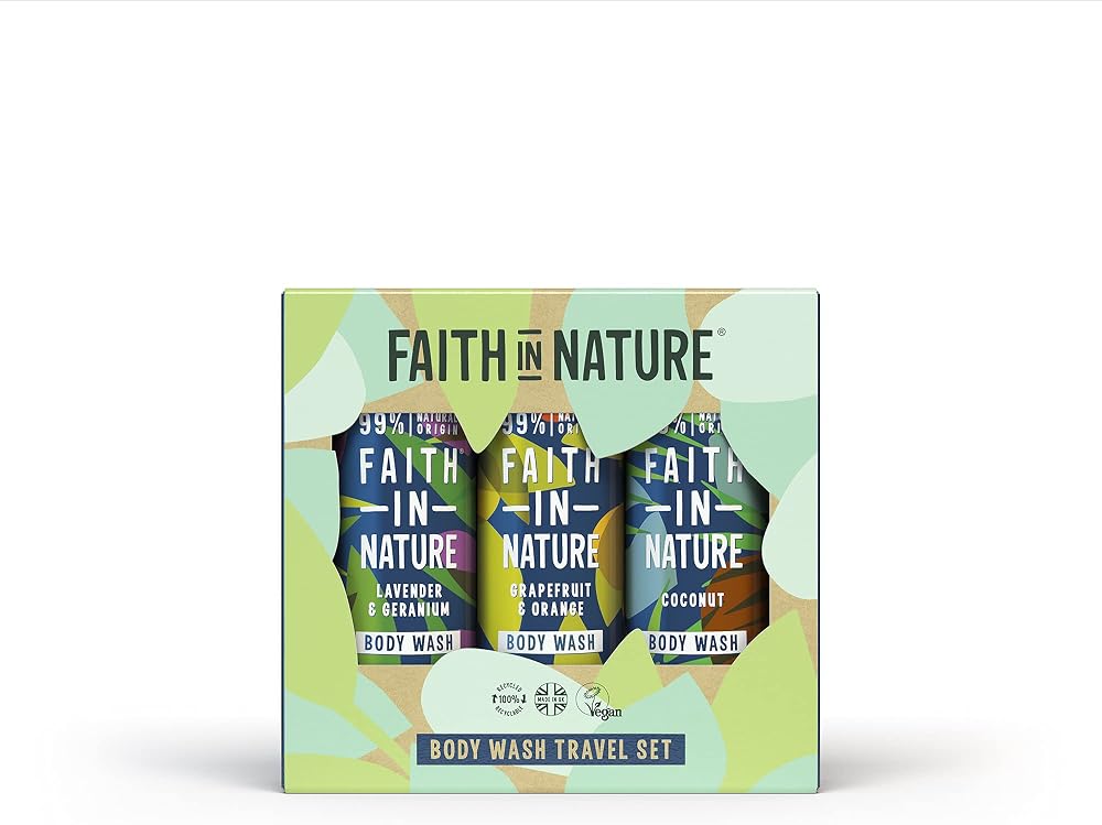Faith In Nature 3 x 100ml Natural Body Wash Travel Gift Set Vegan Cruelty Free