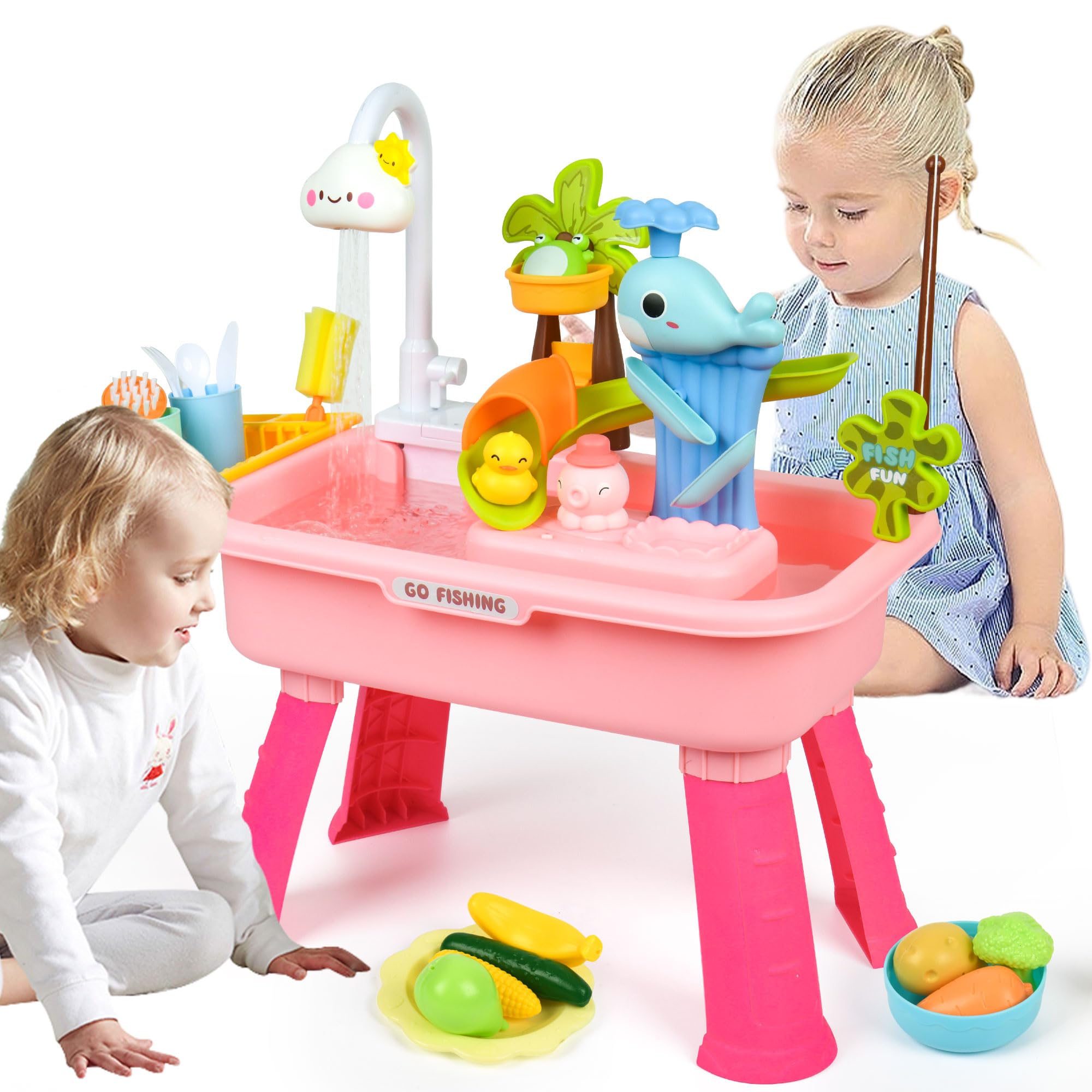 HUASHILUO Upgraded Toddler Sand Water Table Toy with Electric Water Pump, Kids Sand Water with Faucet/Play Food Accessories/Fishing Toy, Kitchen Play Sink Toys for Girl Boy Age 3+